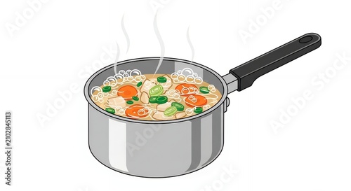 Vector illustration of hot boiling vegetable soup with carrots and leeks in a metal saucepan isolated on white background.