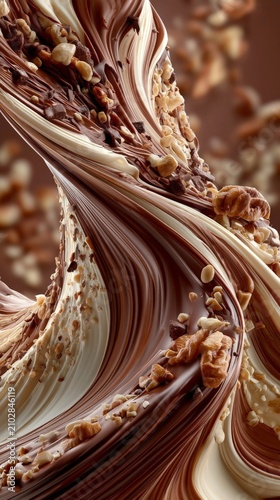 A luxurious swirl of cream and chocolate with scattered nuts, captured in rich, natural lighting.