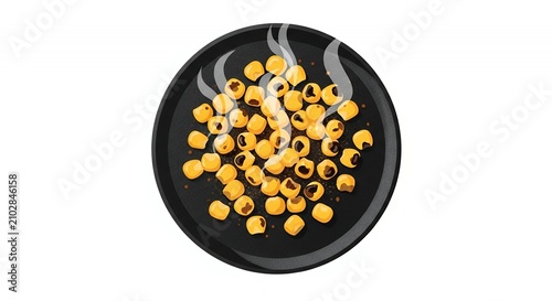 Top View Illustration of Steaming Hot Roasted Corn Kernels on Black Plate Isolated on White Background