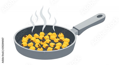 Isometric Vector Illustration of Roasted Corn Kernels in a Frying Pan with Rising Steam, Kitchen Cooking Concept