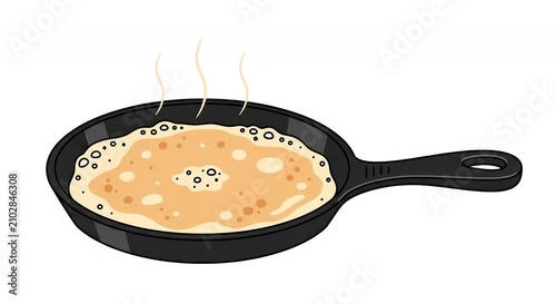 Hot Fresh Pancake or Crepe Cooking in a Black Frying Pan Illustration Isolated on White Background