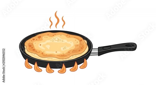 Pancake cooking in frying pan on gas flame illustration