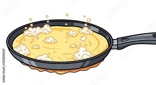 Frying pan with cooking pancake batter cartoon vector illustration