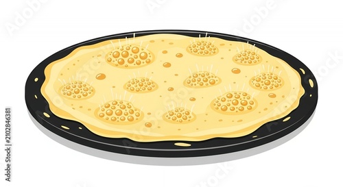 Vector Illustration of a Thin Pancake or Flatbread Cooking in a Black Pan with Bubbles on Surface