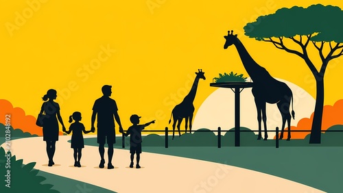 Family Day at Giraffe Exhibit in Minimalist Silhouette Art