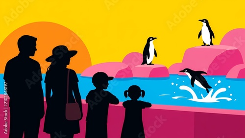 Family Watching Penguins at Colorful Zoo Exhibit