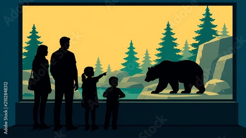 Family Watching Bear Through Zoo Viewing Window
