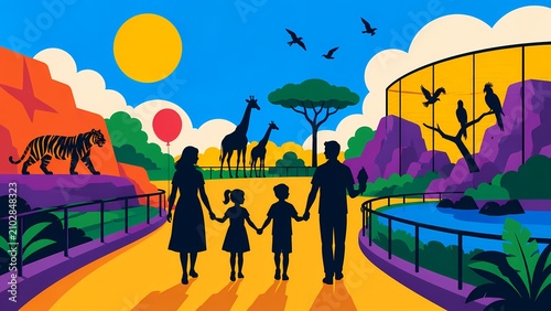 Family Walking Through Colorful Safari Zoo Park
