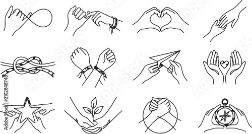 Friendship, Love, and Unity Line Art Icon Set
