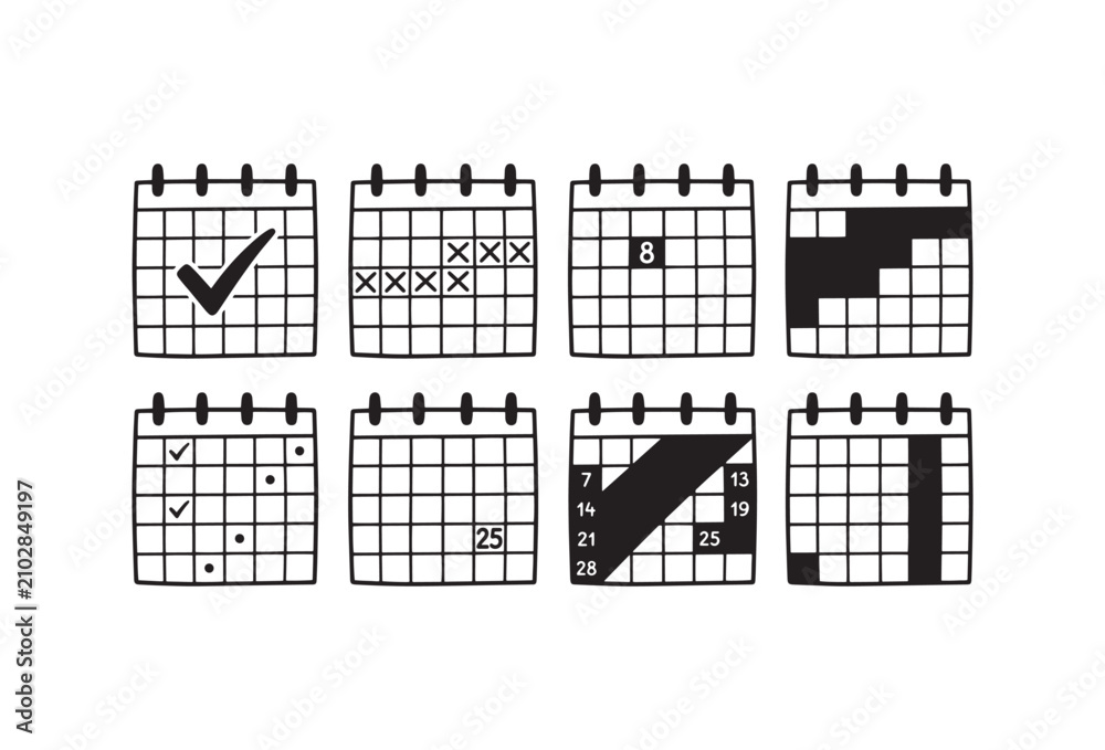 Fototapeta premium Minimalist calendar icon set with 8 vector elements, hand drawn planner symbols for scheduling, black and white organization icons for time management
