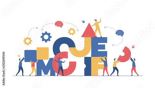 Group of diverse people arranging building blocks to form an arrow structure representing business growth and strategic planning success.