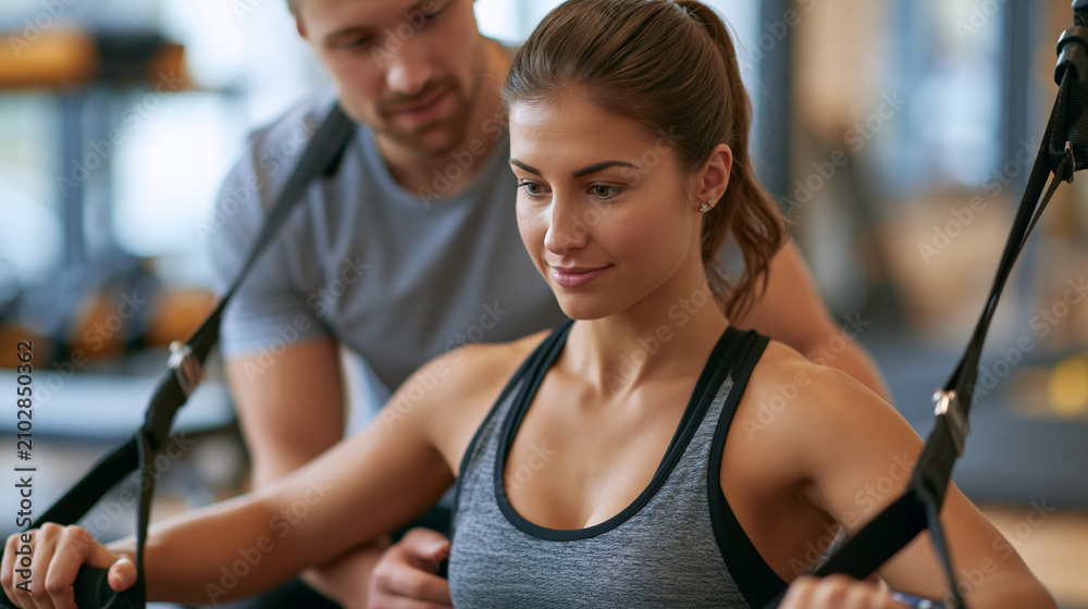 Fototapeta premium Personal trainer helping a woman perform a suspension strap chest exercise in the gym, fitness coaching, strength training, workout form, with copy space