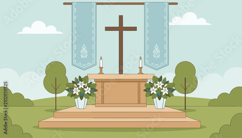 Tableau sur toile Outdoor church stage featuring a prominent wooden cross, hanging blue fabric banners, flickering candles, and white lily bouquets
