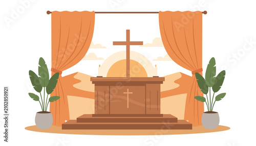 Fotografía Wooden altar with central cross flanked by vibrant orange curtains and leafy green plants against a scenic desert backdrop