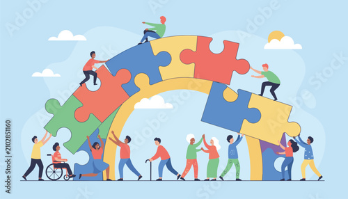 Obraz na plátně Team of diverse individuals works together to construct a large archway made of multicolored jigsaw puzzle pieces in a spirit of unity