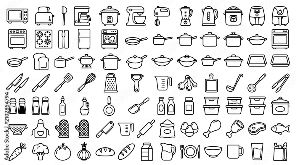 Naklejka premium Flat Design Kitchen Appliance and Utensil Icons Set.