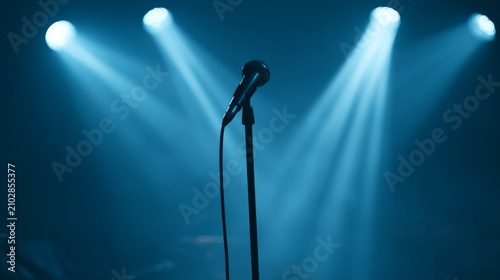 Microphone standing on stage under blue spotlight beams, creating a dramatic concert atmosphere for live performance, soundcheck, music event and professional audio entertainment concept
