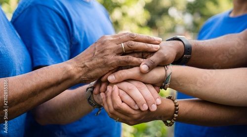 Diverse group of volunteers stacking hands in unity and teamwork outdoors