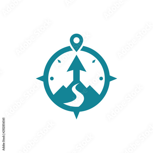 Teal compass with mountain icon graphic.