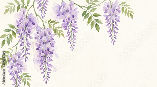 Elegant watercolor wisteria hanging branches illustration with delicate purple floral clusters and soft green foliage arranged on a clean textured off white background with blossom