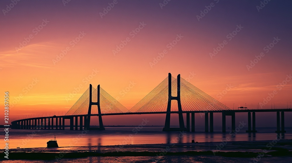 Obraz premium Suspension bridge sunset silhouette orange purple