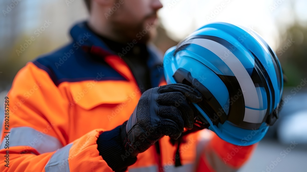 Fototapeta premium A person in a bright orange safety jacket holds a blue helmet with black and white stripes