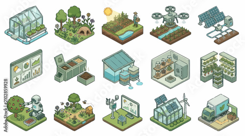 Isometric illustration of sustainable eco friendly buildings and farms.