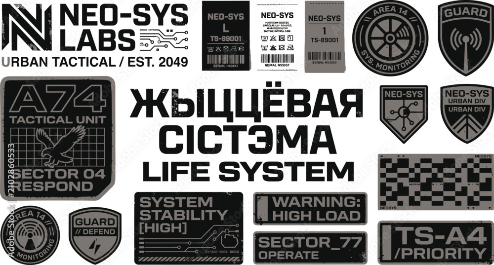 Obraz premium A collection of futuristic tactical stickers and labels with a cyberpunk theme on a white background