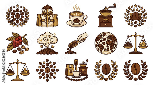 Foto Collection of coffee related icons and illustrations for design.
