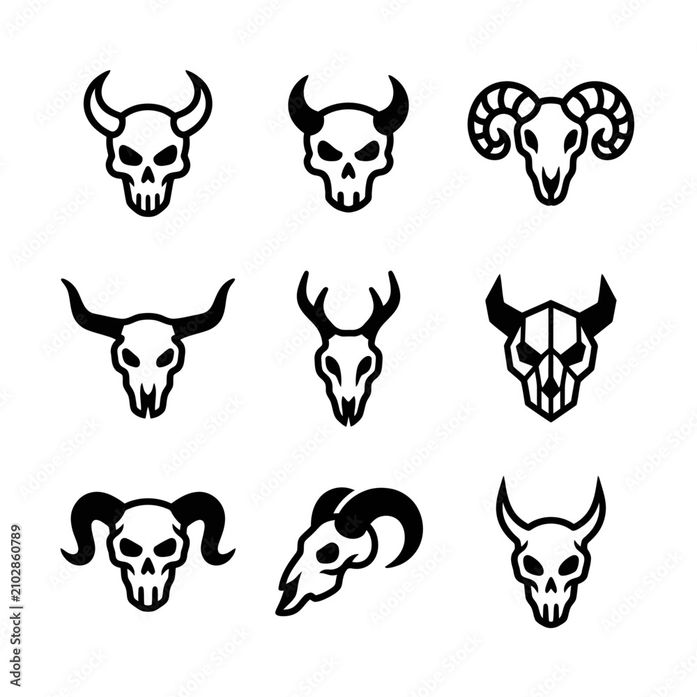 Obraz premium Set of Various Black and White Horned Skull Icons for Design Projects.