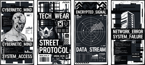 A futuristic collection of cyberpunk posters and flyers with themes of technology and digital error
