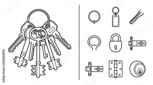 Set of Outline Icons Featuring Keys, Padlocks, and Door Hardware