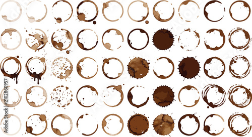 A collection of coffee and tea ring stains on a white background