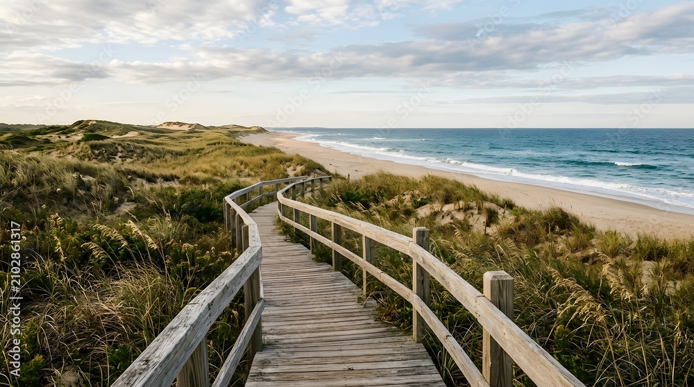 Fototapeta premium Wooden Boardwalk Path Through Coastal Dunes to a Serene Beach.