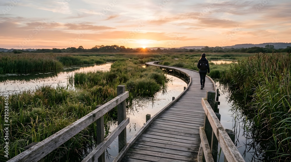 Obraz premium Wooden Boardwalk Winding Through Lush Wetlands at Sunset.