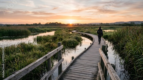 Wooden Boardwalk Winding Through Lush Wetlands at Sunset.