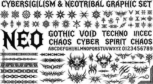 A collection of cyber sigilism and neotribal graphic designs on a white background