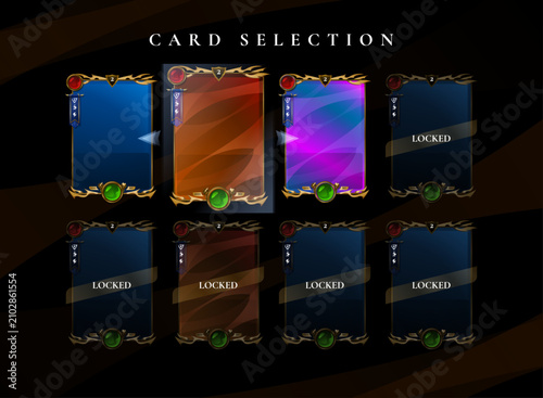 Cuadro en lienzo Fantasy trading card selection interface featuring collectible card browsing with locked slots, rarity progression, and holographic card variations