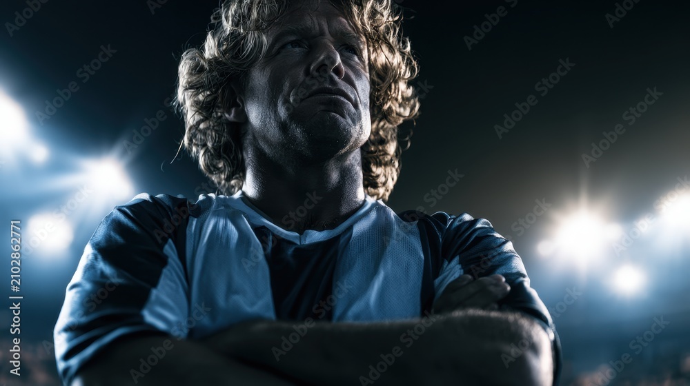Fototapeta premium Determined male athlete with curly hair in sports jersey standing confidently with arms crossed under bright stadium lights during night game