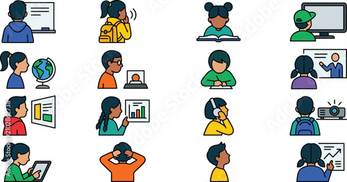 Bilde på lerret Observant Children Learning Icon Set Featuring Diverse Kids Reading Books, Study