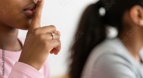 Quiet gesture with finger on lips by child in classroom setting, emphasizing silence and concentration. Quiet atmosphere enhances focus on learning and communication without distractions.