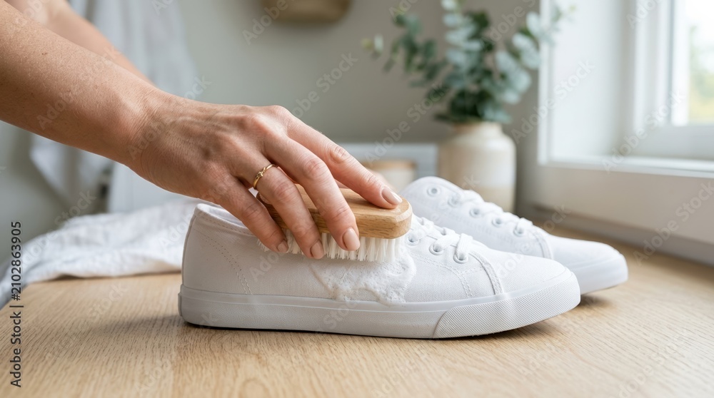 Fototapeta premium Woman cleaning white canvas sneakers with wooden brush at home, shoe care and maintenance routine for casual footwear