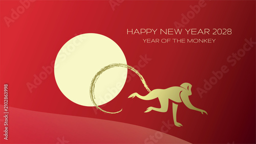 Canvas Print Gold and red Year of the Monkey elegant card template with Zodiac Monkey on Moon background