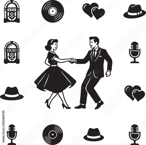 1950s retro icons and dancing couple on a white background vintage style illustration
