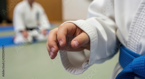 Close-up of child's hand in karate uniform with blue belt while practicing in dojo. Child focuses on martial arts techniques in training session. Concept karate practice for skill development.
