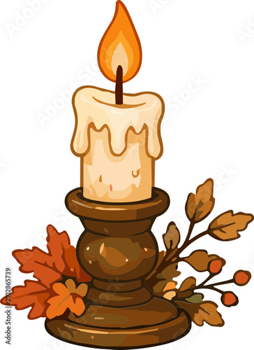 Halloween Lit Candle on Candlestick Holder with Autumn Leaves
