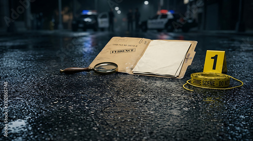 Manila folder document labeled evidence resting on wet road asphalt outside
