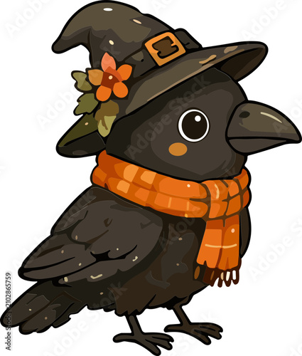 Cute Halloween Black Crow Sticker Wearing Witch Hat and Scarf