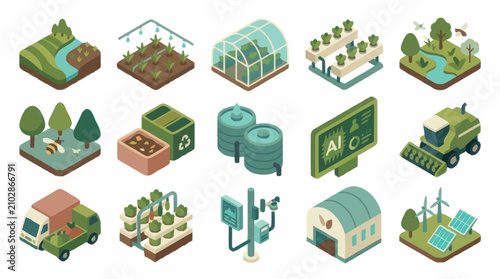 Isometric illustration of sustainable agriculture and eco friendly farming.
