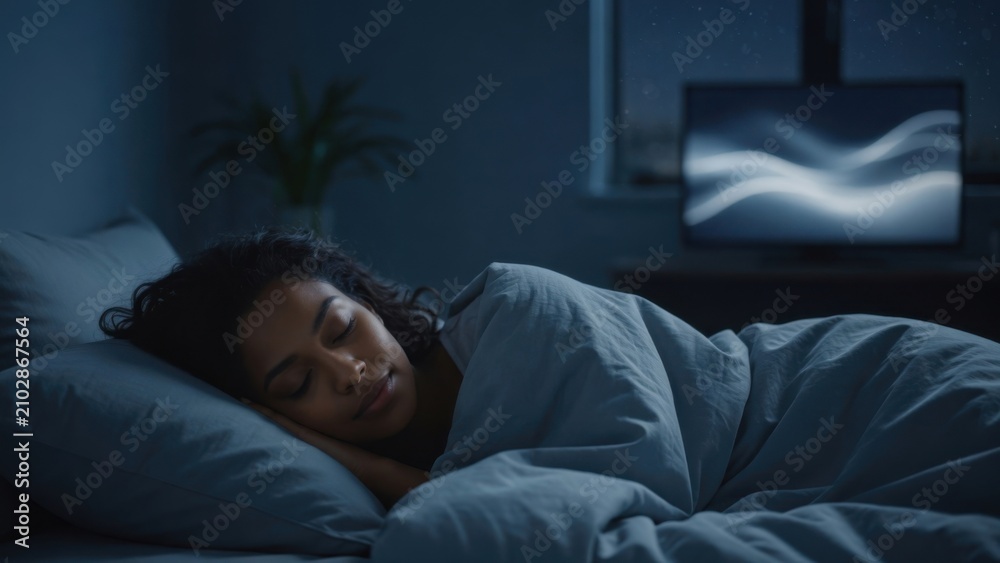 Obraz premium Woman Sleeping Peacefully in Bed at Night with TV On